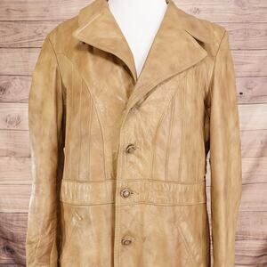 Grais Cabretta Leather Jacket Mens 44 Long Tan Glazed Aniline Car Coat Lined